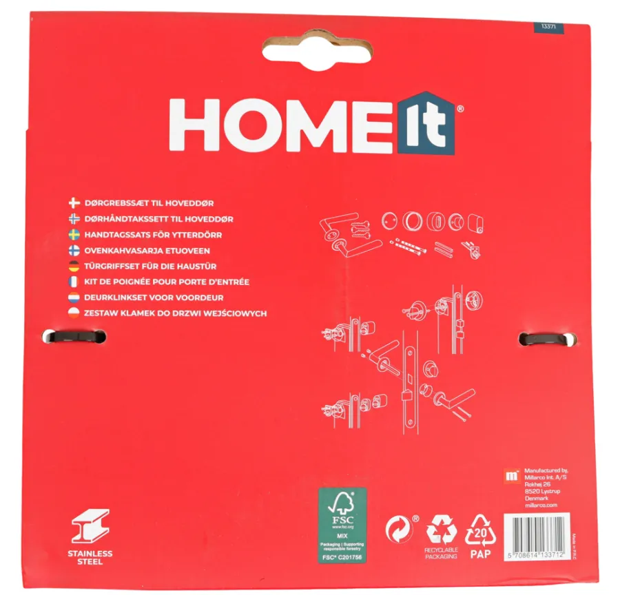 HOME it Dørhåndtag & Nøglecylindre|Dørgrebssæt til hoveddør/yderdør rustfrit stål