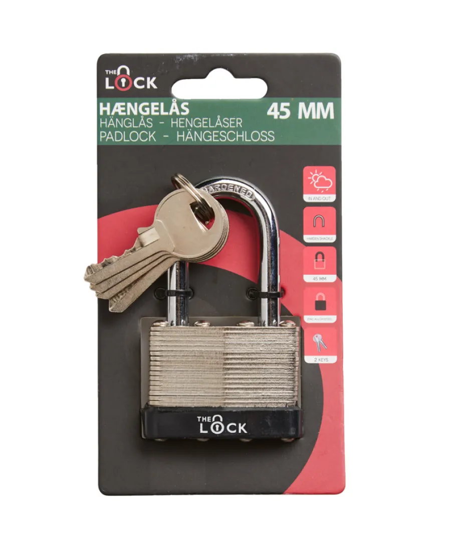 The lock Hængelåse|Hængelås Heavy Duty m/fire nøgler 45 mm Sølv