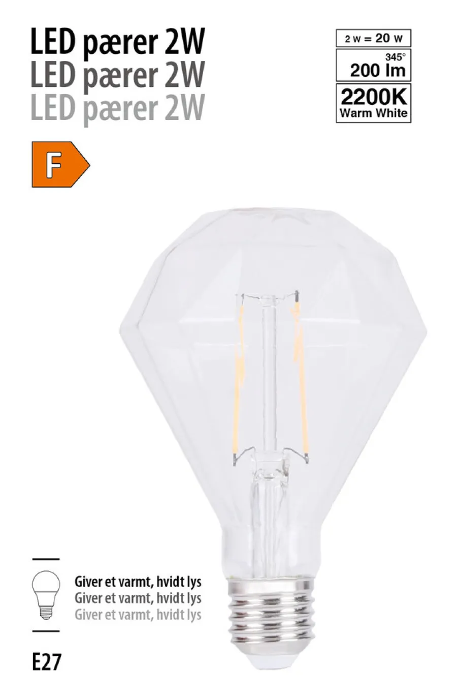 Led-Pærer|LED-filamentpære diamant 2 W E27
