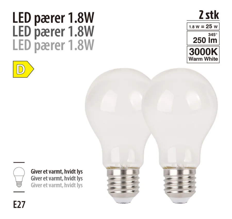 Led-Pærer|LED-filamentpære 1,8 W E27 2-pk.