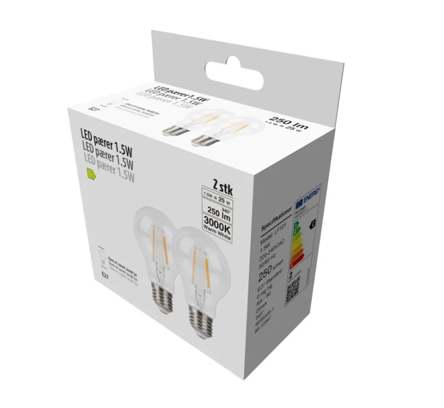 Led-Pærer|LED-filamentpære 1,5 W E27 2-pk.