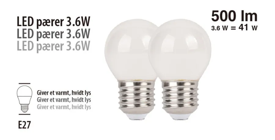 Led-Pærer|LED-kronepære 3,6 W E27 2-pk.
