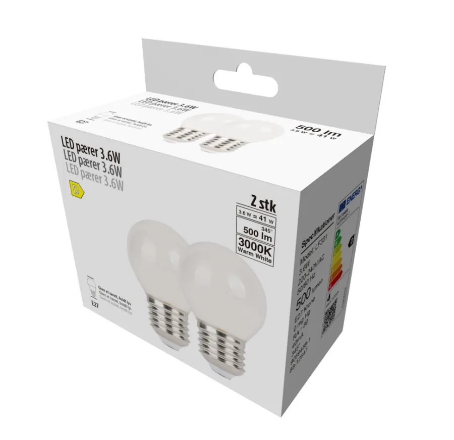 Led-Pærer|LED-kronepære 3,6 W E27 2-pk.