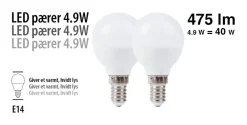 Led-Pærer|LED-kronepære 4,9 W E14 2-pk.