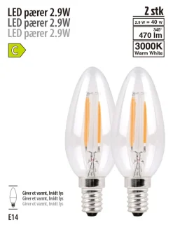 Led-Pærer|LED-pære kerte 2,9 W E14 2-pk.