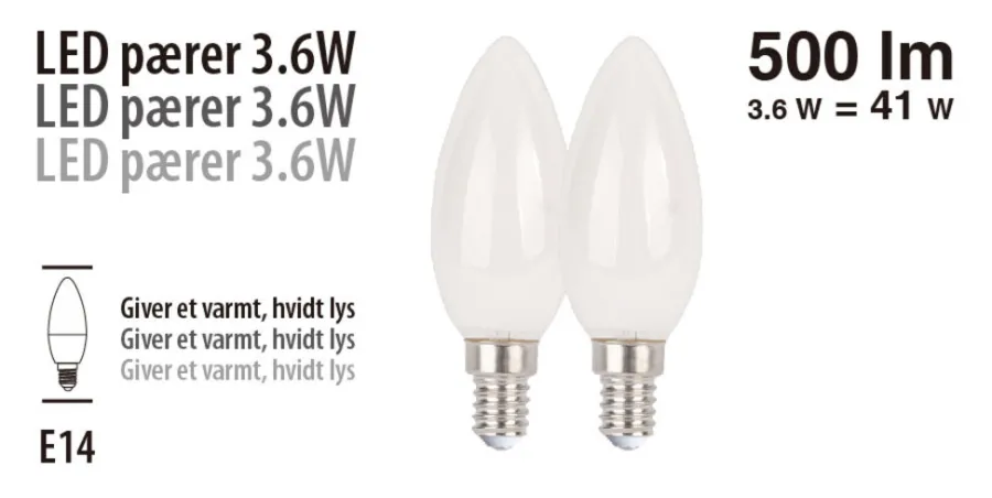 Led-Pærer|LED-pære kerte 3,6 W E14 2-pk.