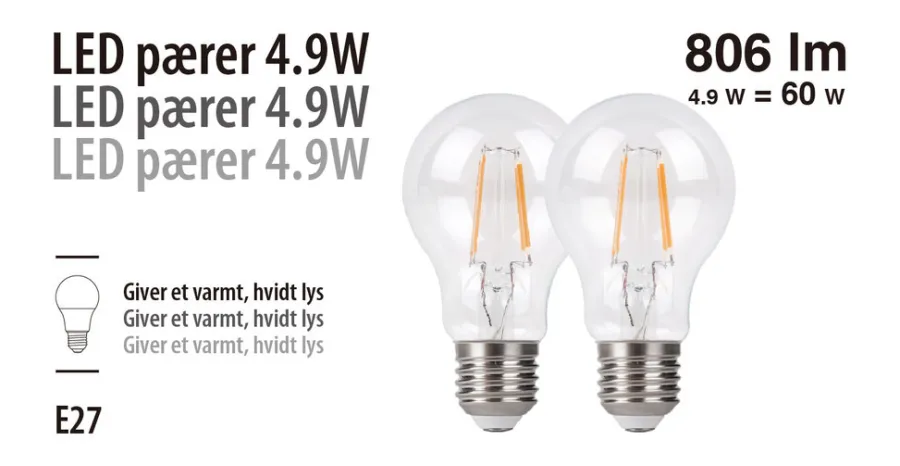 Led-Pærer|LED-pære standard 4,9 W E27 2-pk.