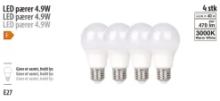 Led-Pærer|LED-pære standard 4,9 W E27 4-pk.