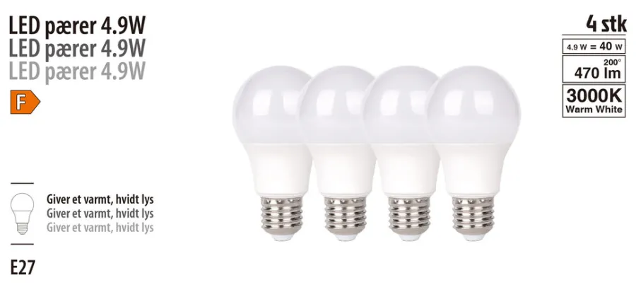 Led-Pærer|LED-pære standard 4,9 W E27 4-pk.