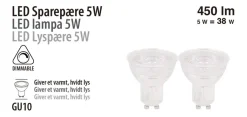 Led-Pærer|LED-spotpære 5 W GU10 dæmpbar 2-pk.
