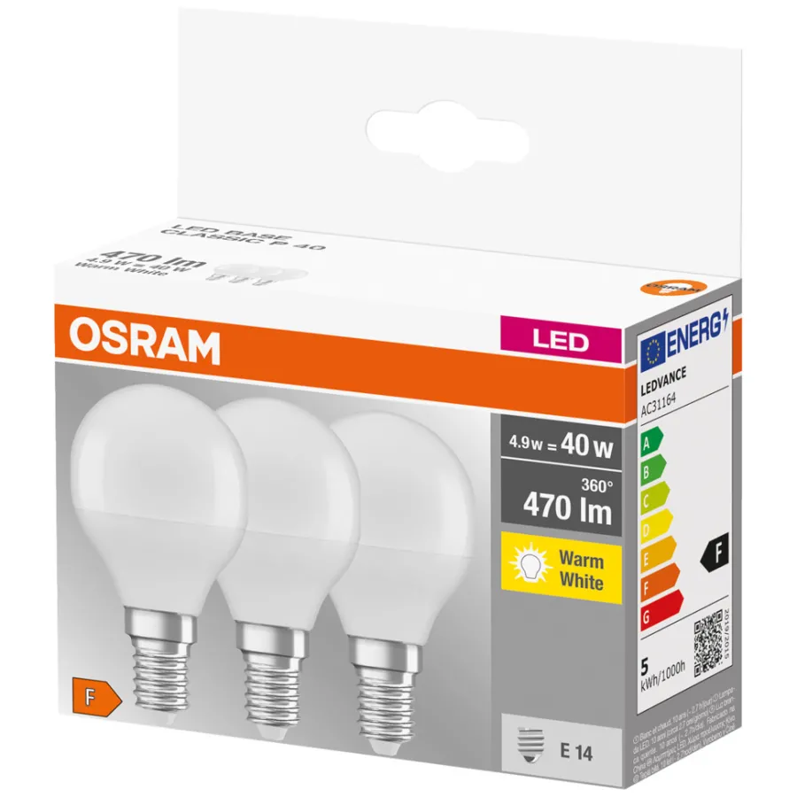 Osram Led-Pærer|LED kronepære E14 4,9 W 3-pk.