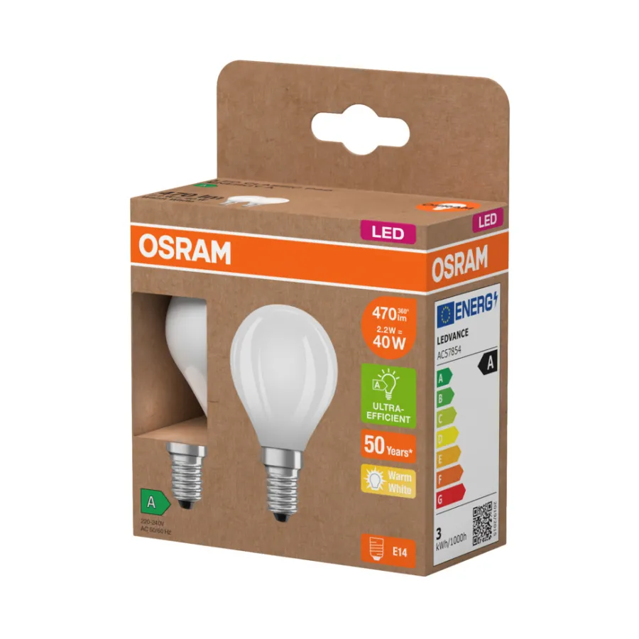Osram Led-Pærer|LED mat kronepære E14 2,2 W 2-pk.