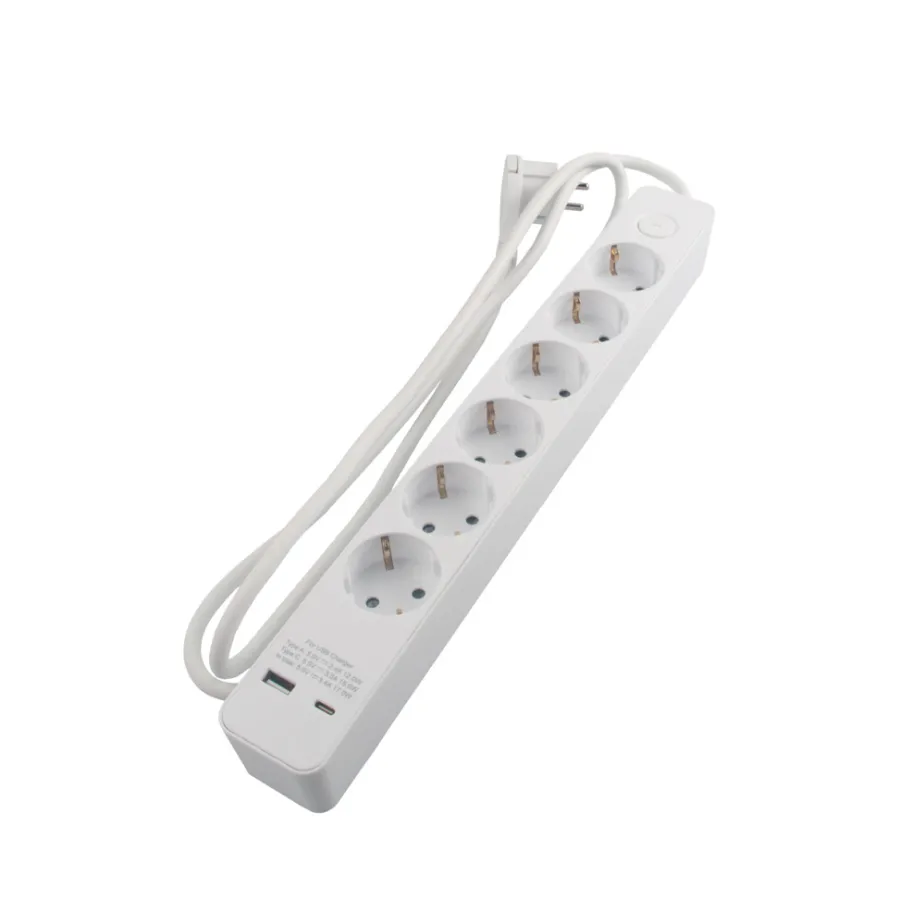 Elworks Stikdåser|6-stikdåse schuko m/USB og afbryder hvid 1,5 meter -