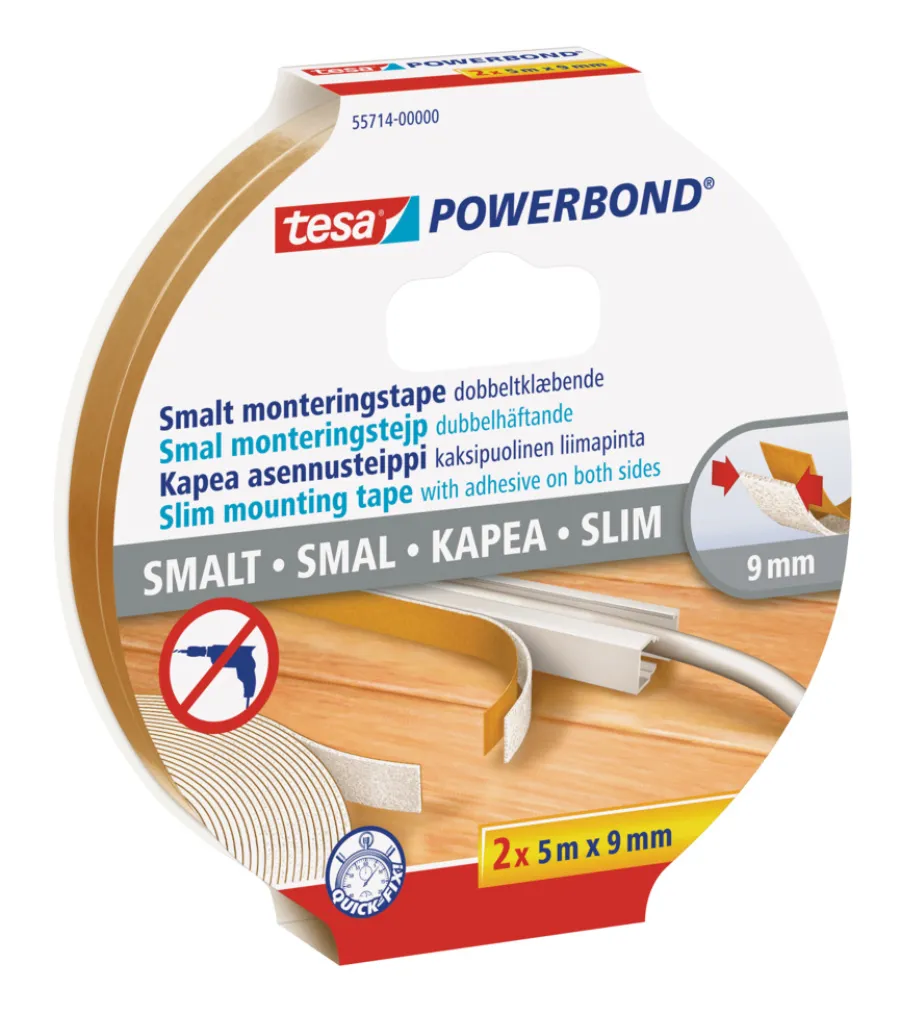 tesa® Tape|Powerbond Slim monteringstape 9 mm x 5 m 2-pk.
