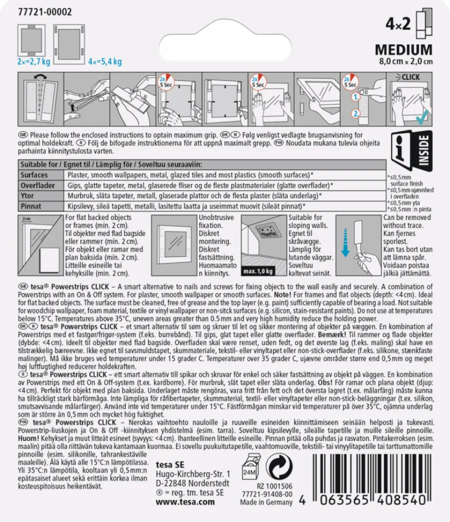 tesa® Klæbesøm|Powerstrips Click Medium 4 par