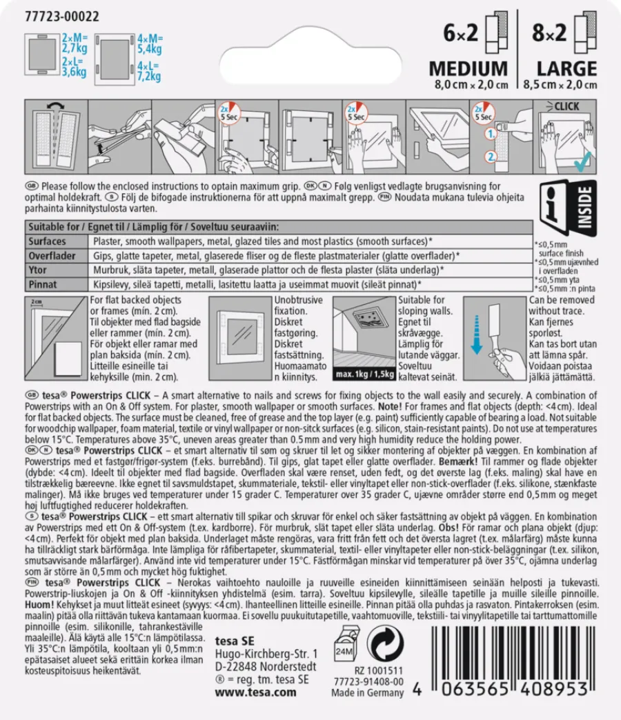 tesa® Klæbesøm|Powerstrips Click Multi Medium/Large 14 par
