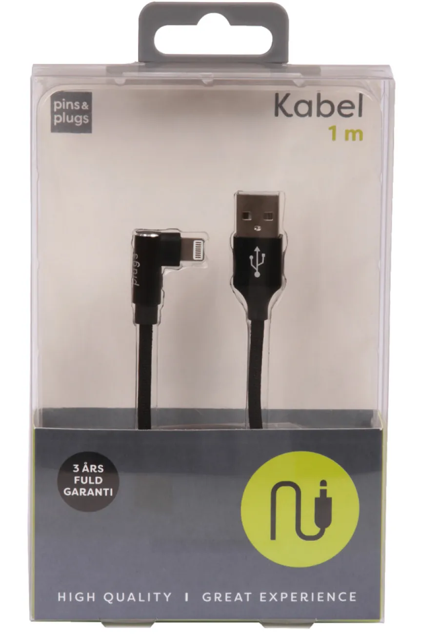 PhoneFood Kabler & Adaptere|USB-A til lightning kabel 90 grader stik - 1 meter